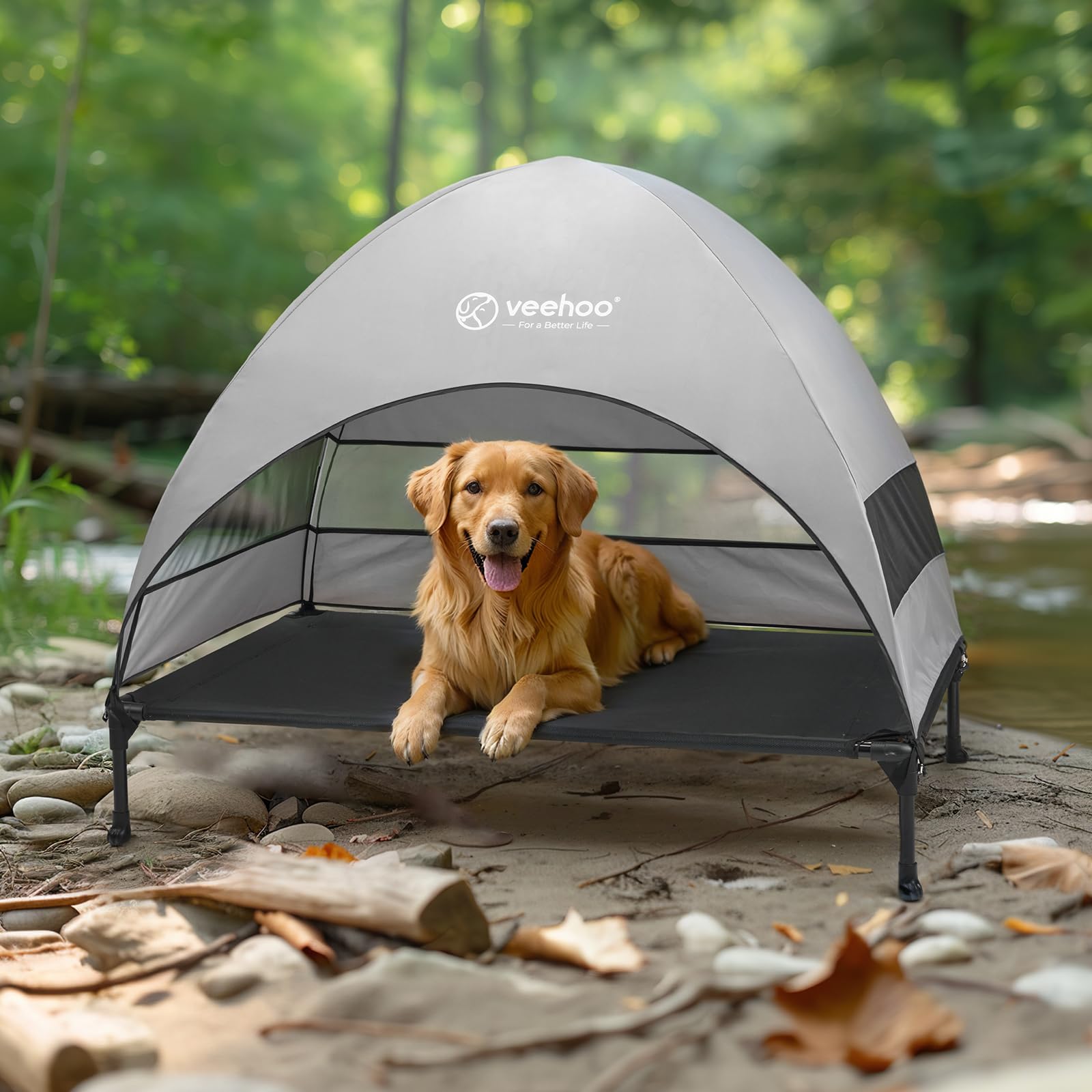 Veehoo Outdoor Dog Bed at beach setup, illustrating camping portability.