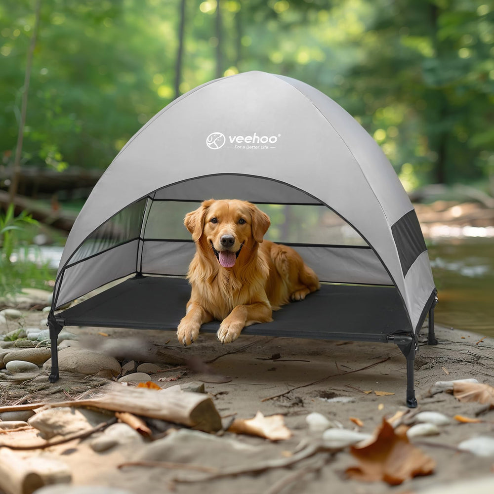 Veehoo Outdoor Dog Bed at beach setup, illustrating camping portability.