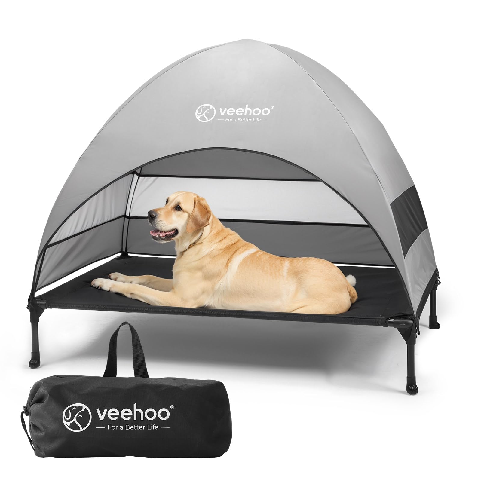 Veehoo Outdoor Dog Bed with Canopy assembled, elevated cooling cot for large dogs.