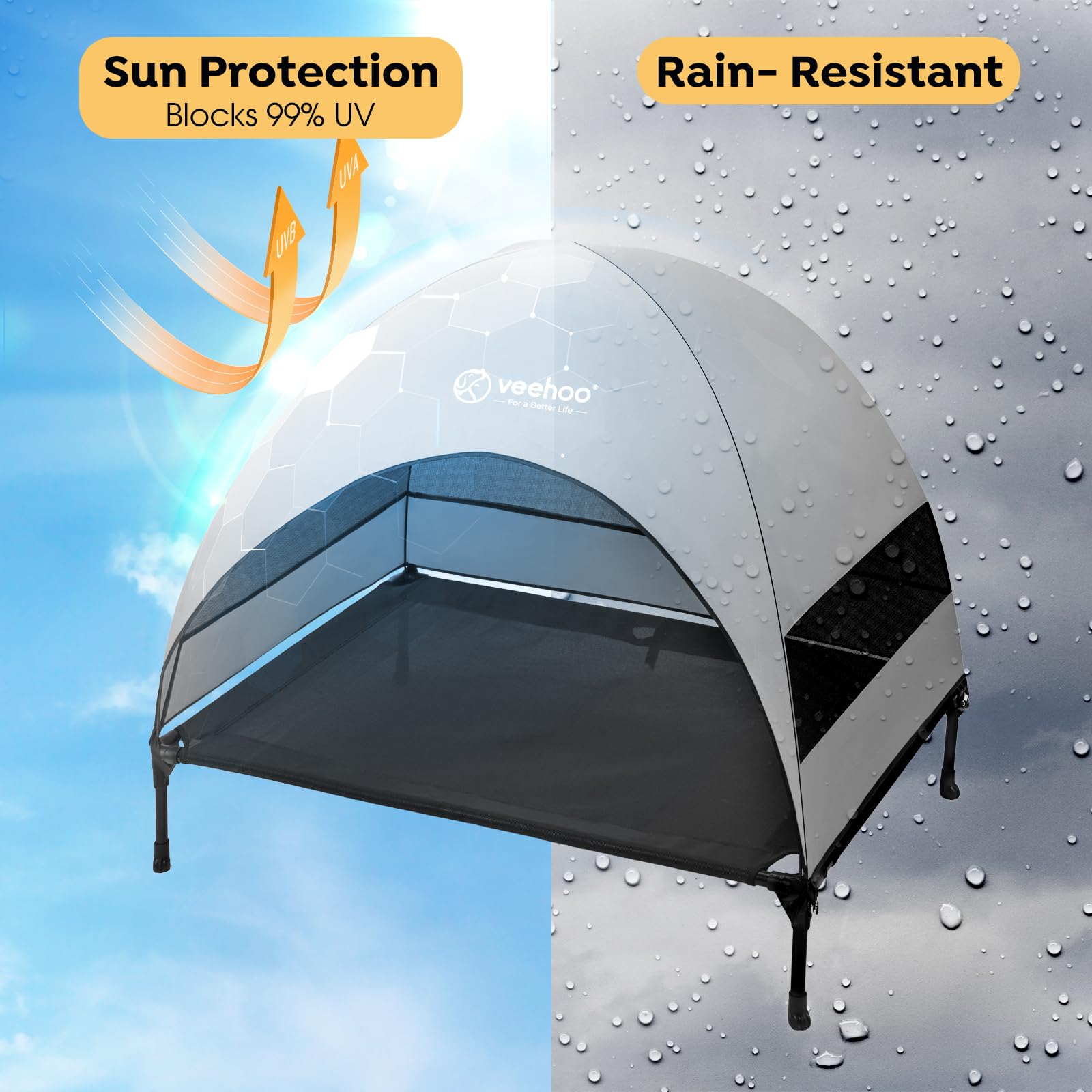 Veehoo Outdoor Dog Bed with Canopy, elevated for airflow and cooling.