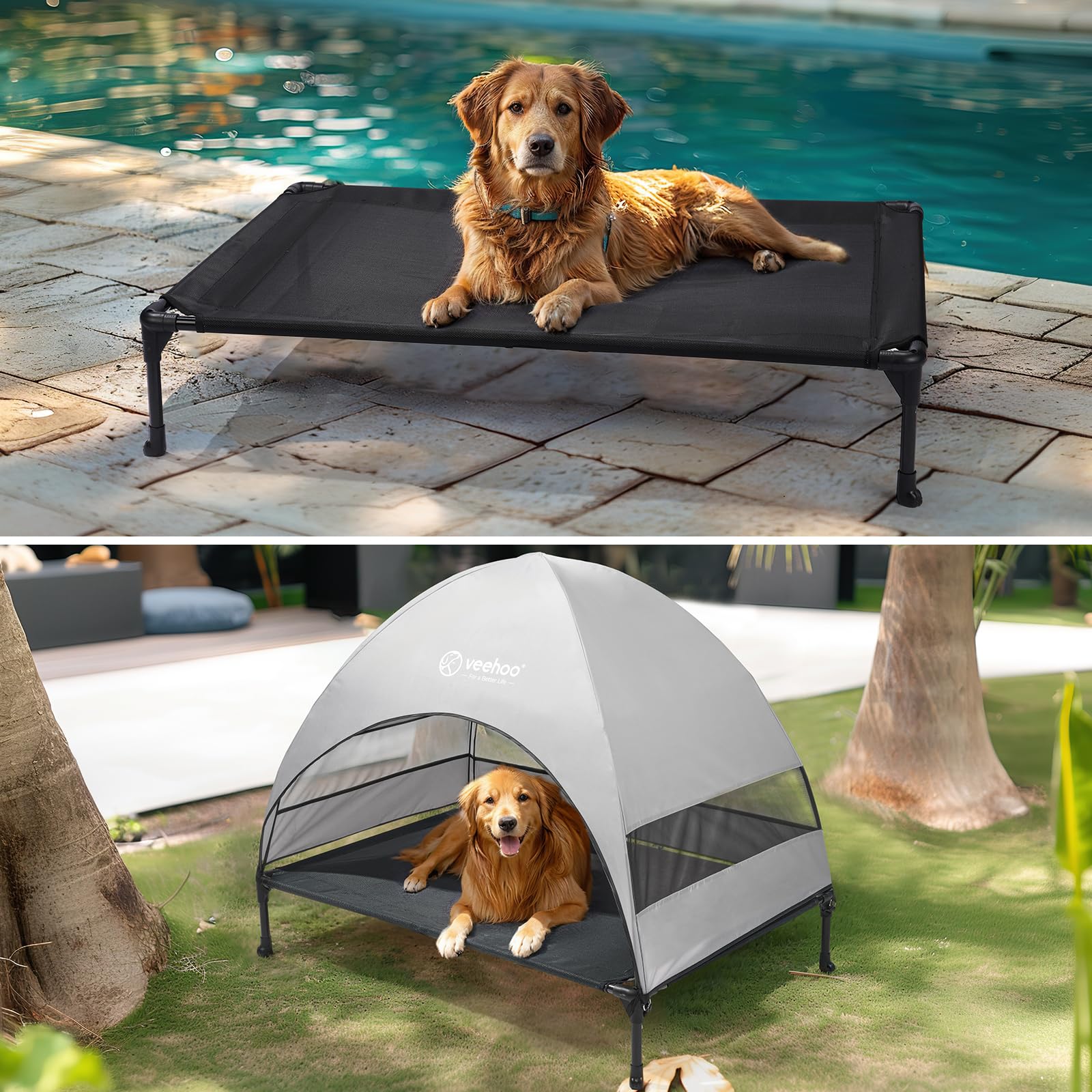 Veehoo Outdoor Dog Bed canopy attached with elastic strap for wind stability.