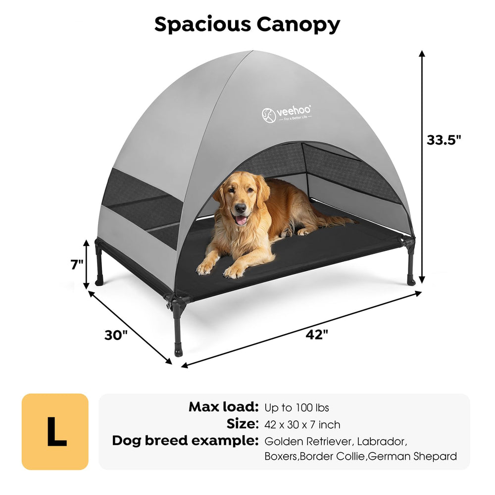 Veehoo Outdoor Dog Bed showing stable non-slip feet on rugged surface.