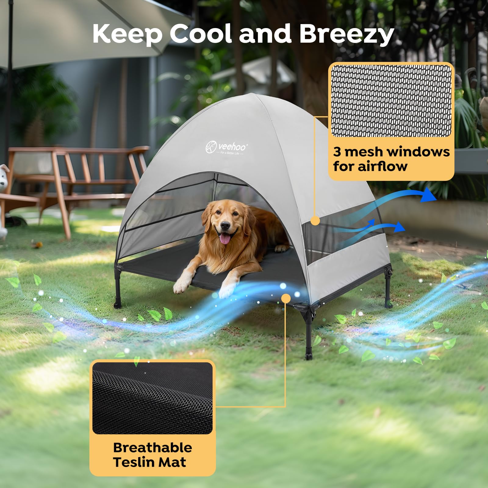 Veehoo Outdoor Dog Bed with Three-Sided Shade, UV protection and ventilation.