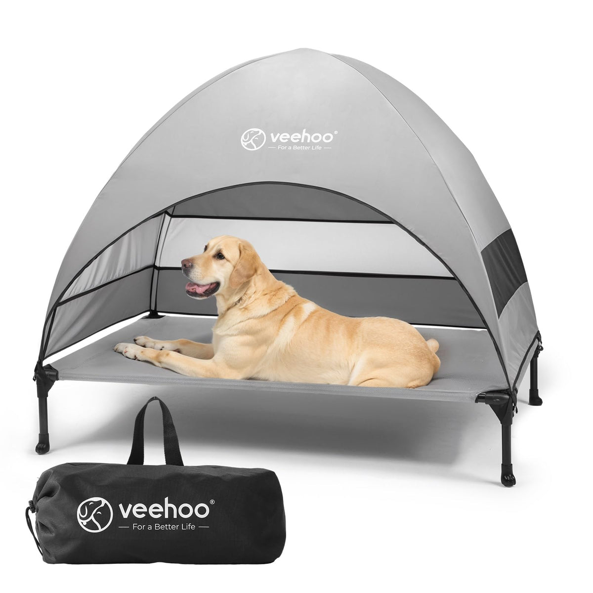 Veehoo outdoor dog bed with canopy assembly offers quick shade for outdoor adventures.