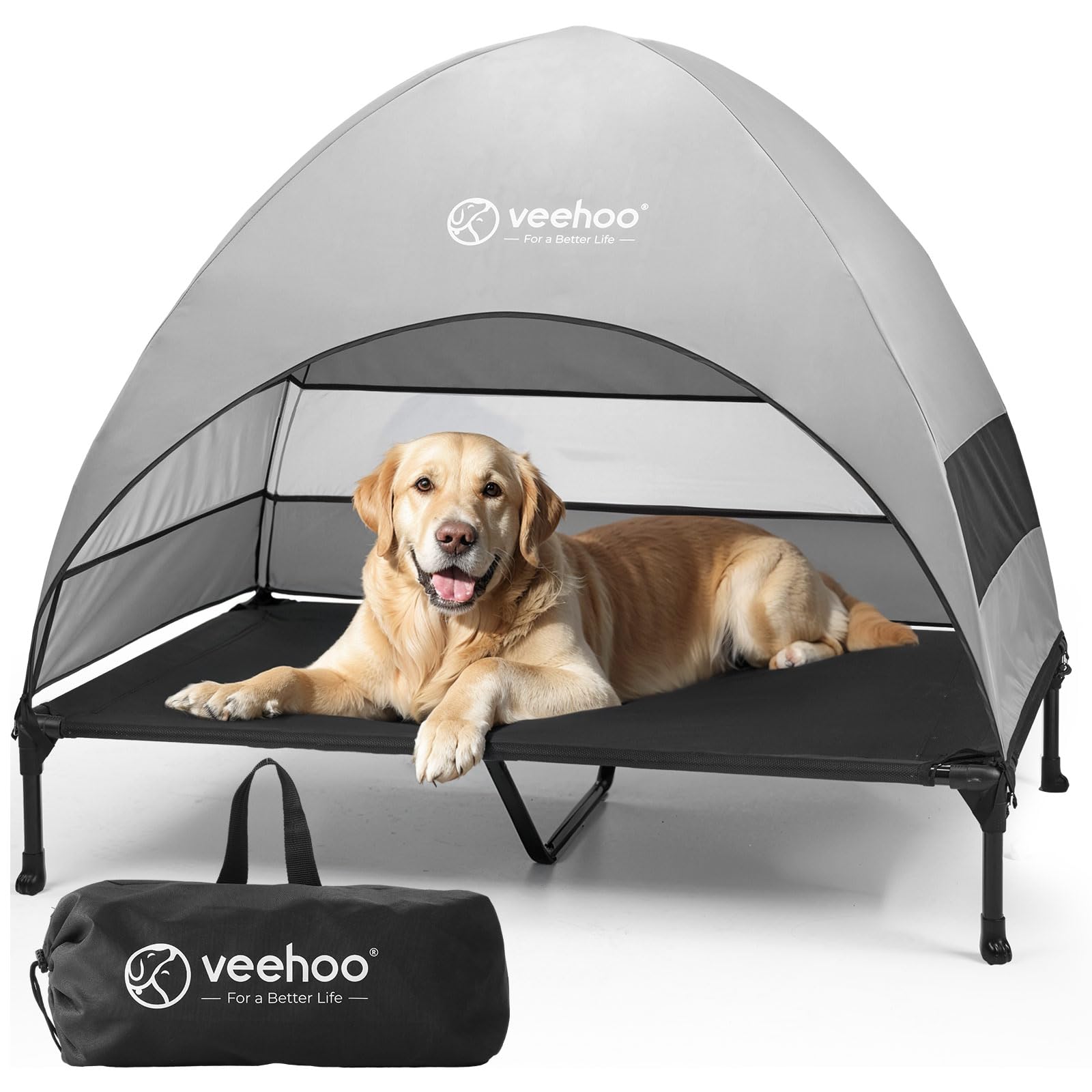 Veehoo outdoor dog bed with canopy side view showing spacious shade for large dogs