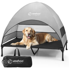 Veehoo outdoor dog bed with canopy side view showing spacious shade for large dogs