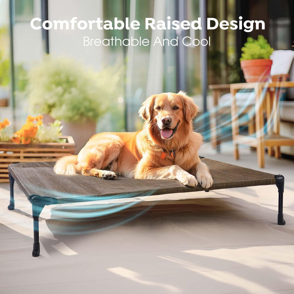 Veehoo outdoor elevated dog bed 45x33 side view shows sturdy frame with non-slip feet for stable outdoor use
