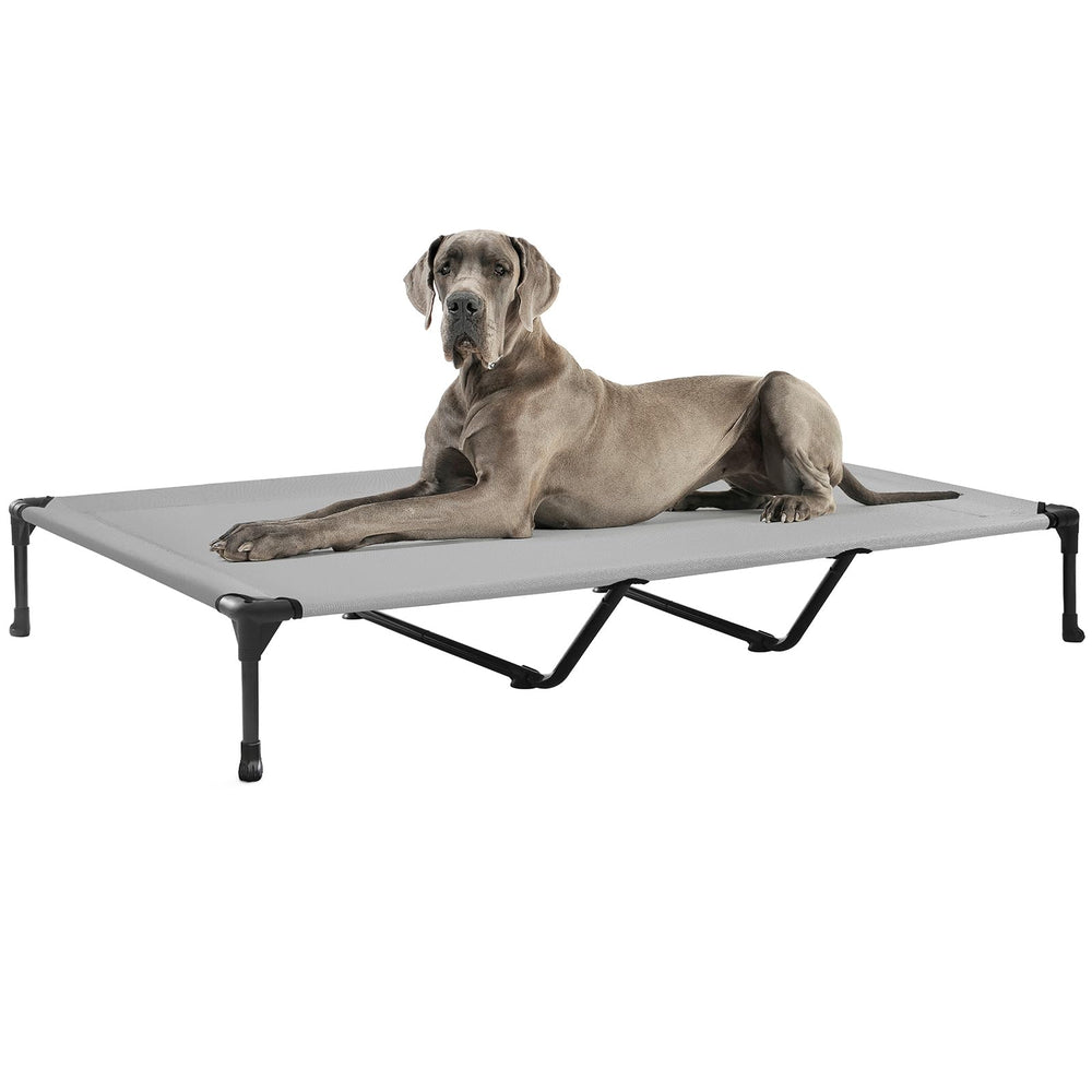 Veehoo outdoor elevated dog bed shows large frame with breathable mesh for cooling comfort.