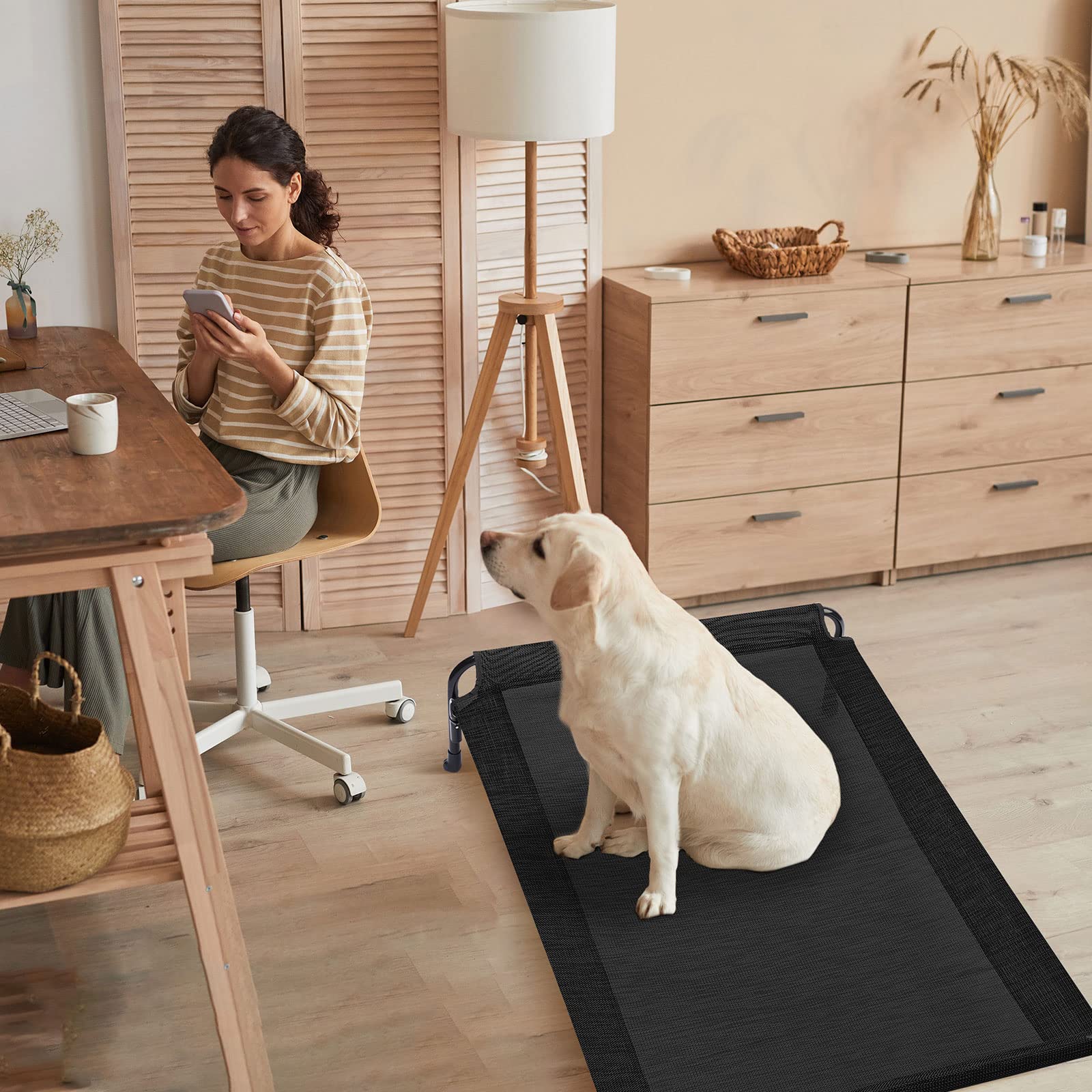 Veehoo outdoor elevated dog bed snap-on assembly for tool-free setup.
