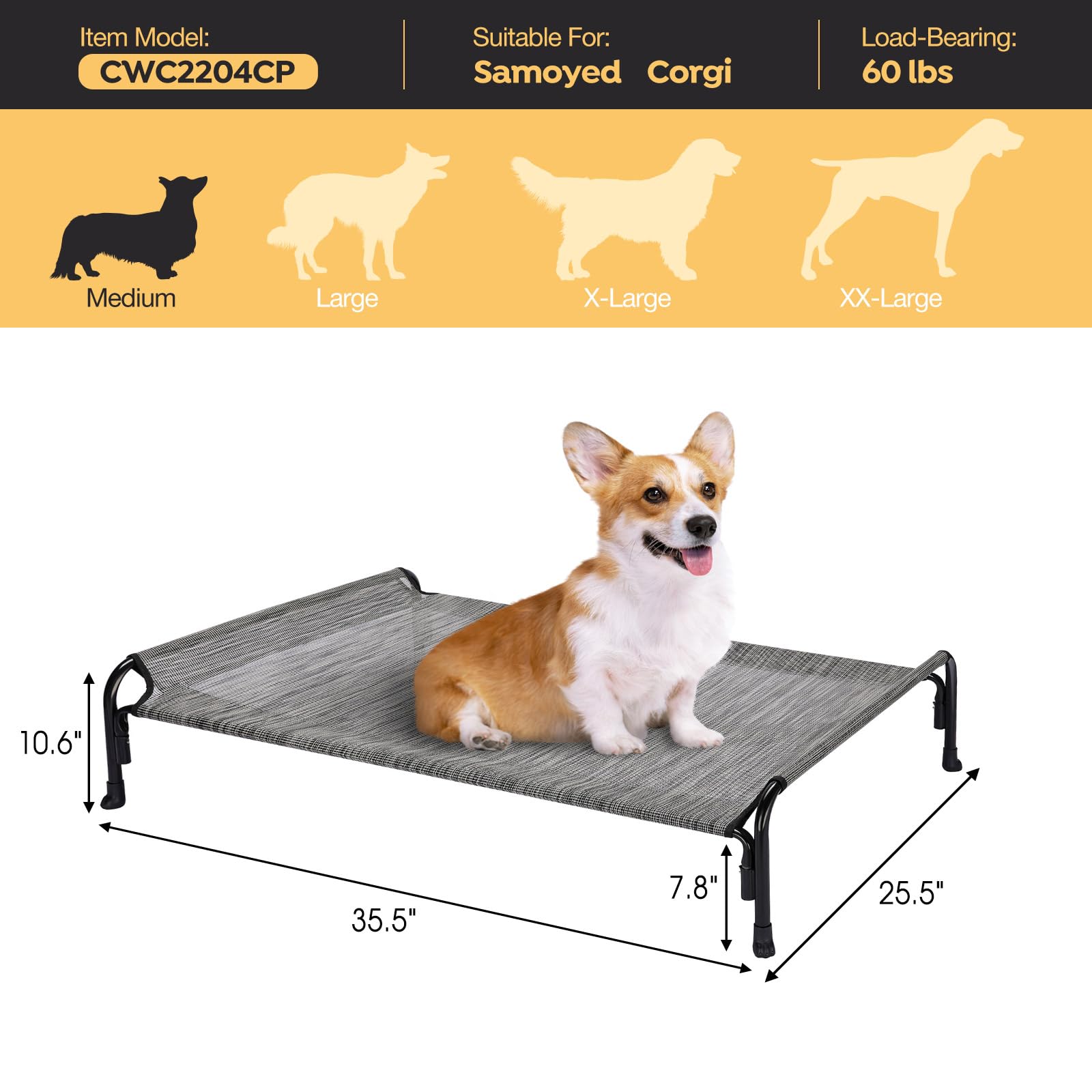 Veehoo bed dimensions shown; suitable for small and medium dogs up to 60 lbs.