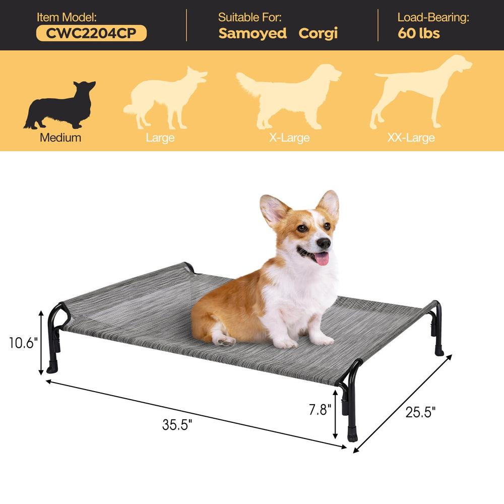 Veehoo bed dimensions shown; suitable for small and medium dogs up to 60 lbs.