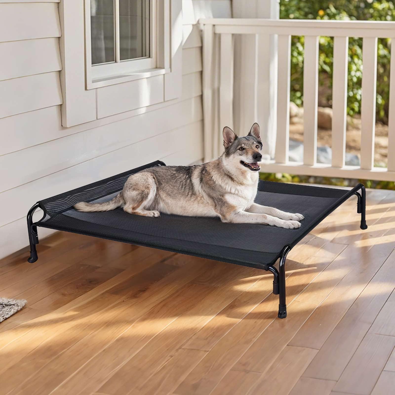 Veehoo outdoor elevated dog bed easy-clean surface for quick after-walk tidying.