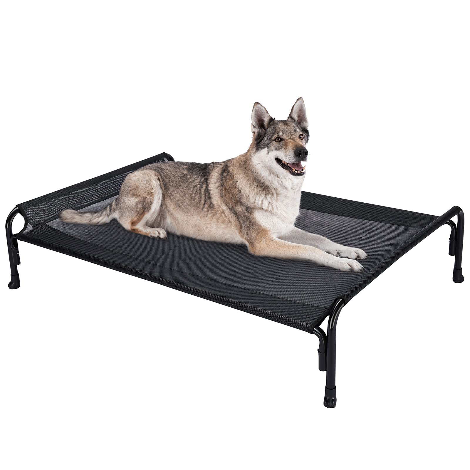 Veehoo outdoor elevated dog bed front view highlighting sturdy frame for large dogs.