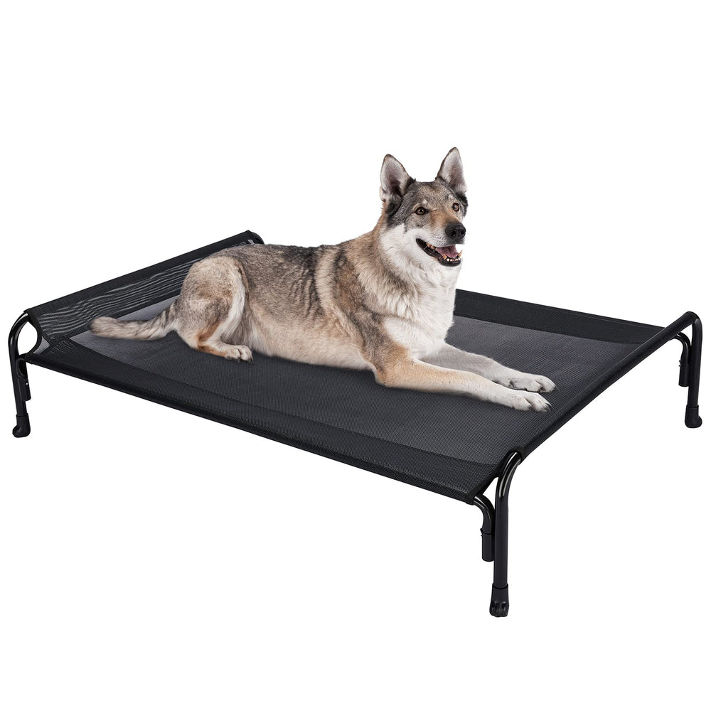Veehoo outdoor elevated dog bed front view highlighting sturdy frame for large dogs.