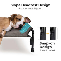 Veehoo outdoor elevated dog bed front view highlighting sturdy powder-coated frame and stable placement
