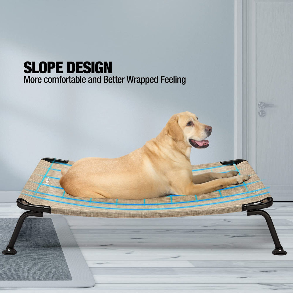Veehoo outdoor elevated dog bed on patio demonstrates raised design that helps keep paws clean.