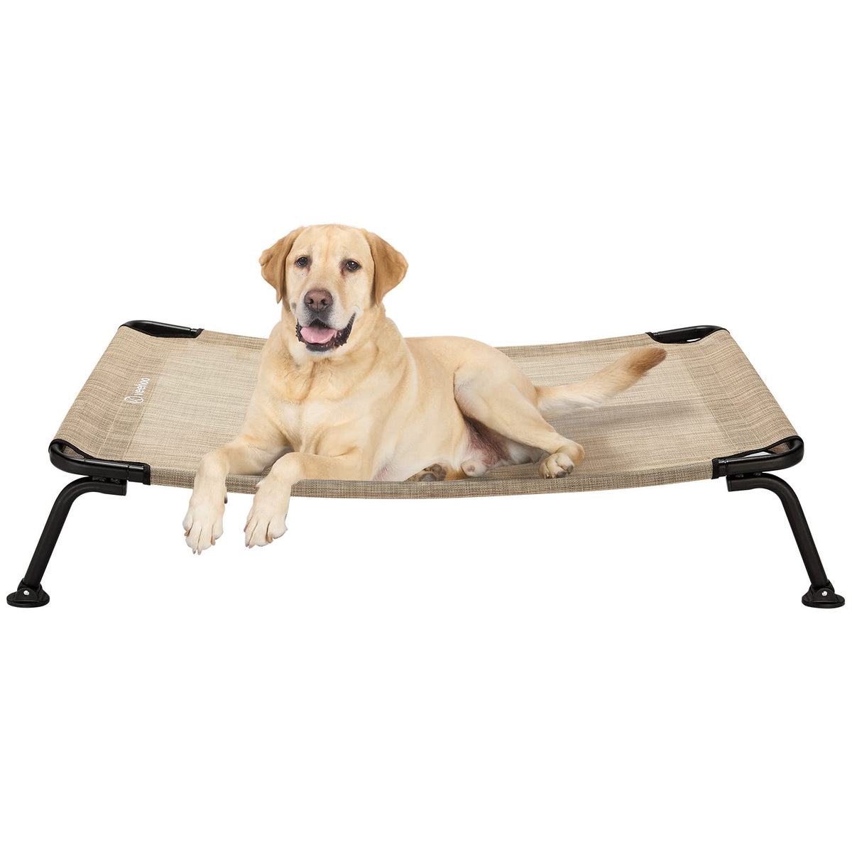 Veehoo outdoor elevated dog bed side view highlights beige fabric and black legs for durability.