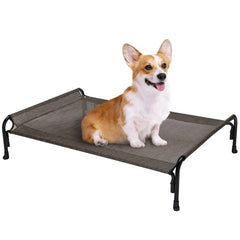 Veehoo outdoor elevated dog bed side view showcasing breathable mesh and raised frame for comfort