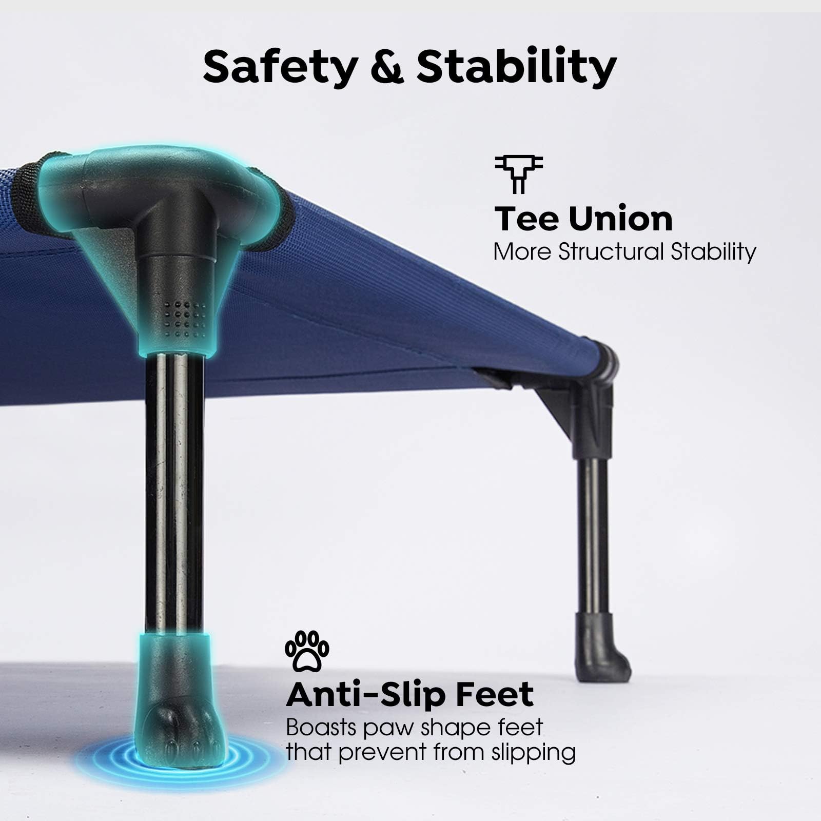 Veehoo outdoor elevated dog bed blue with non-slip feet stays stable on any surface