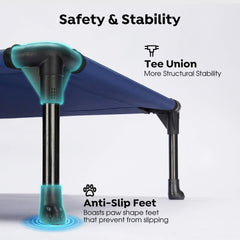 Veehoo outdoor elevated dog bed blue with non-slip feet stays stable on any surface