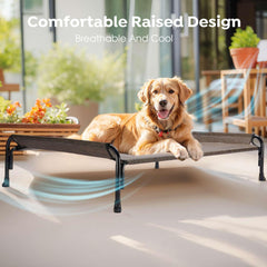 Veehoo outdoor elevated dog bed Textilene mesh close-up shows cooling airflow and easy-clean surface