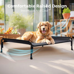 Veehoo outdoor elevated dog bed textilene-mesh close-up emphasizes breathable cooling surface.