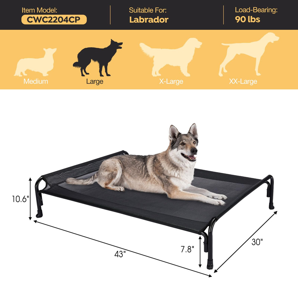 Veehoo outdoor elevated dog bed waterproof frame protects from spills and rain.