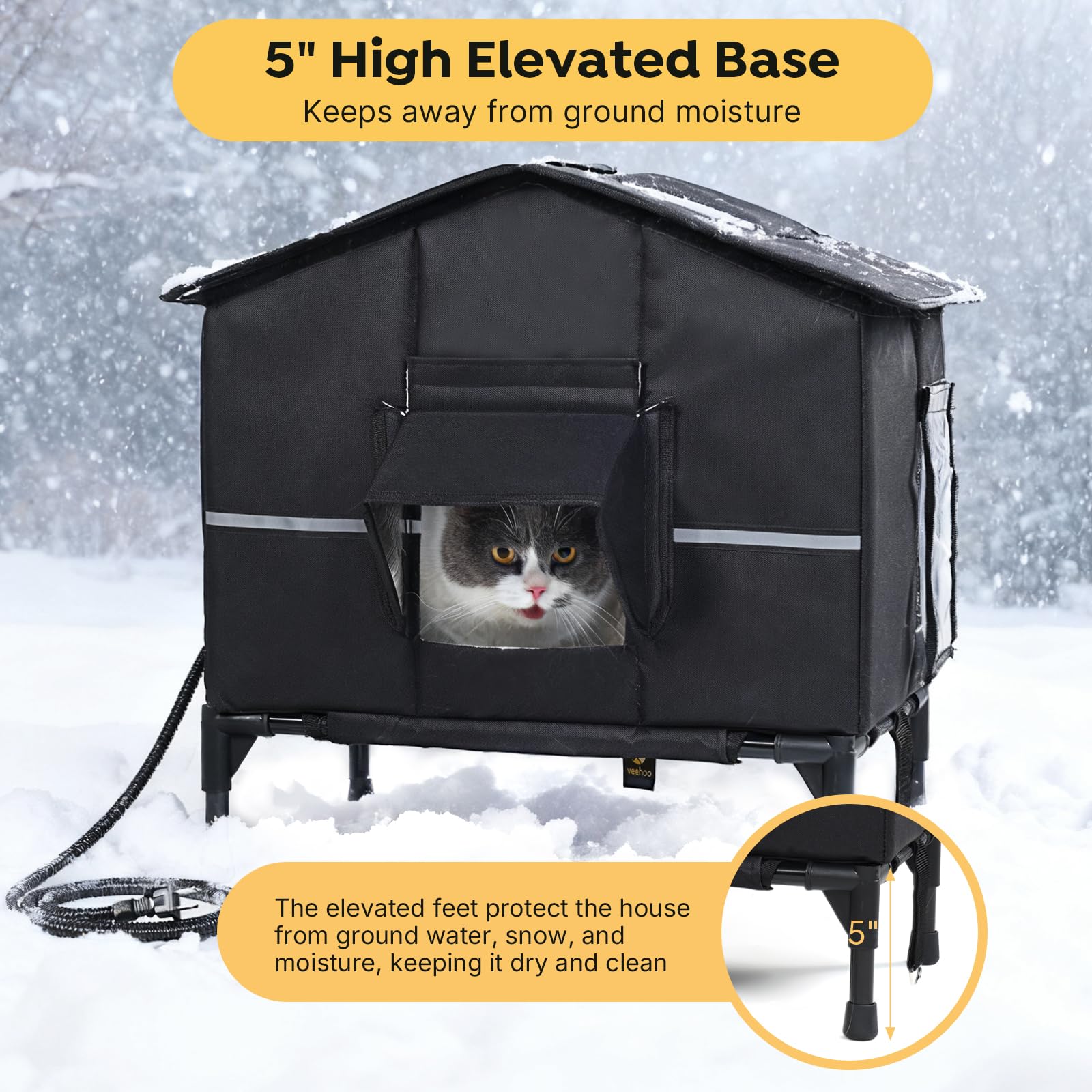 Veehoo outdoor heated cat house escape door for quick safe exit.