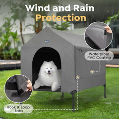 Veehoo outdoor-indoor weatherproof dog house with sunshade for year-round protection.