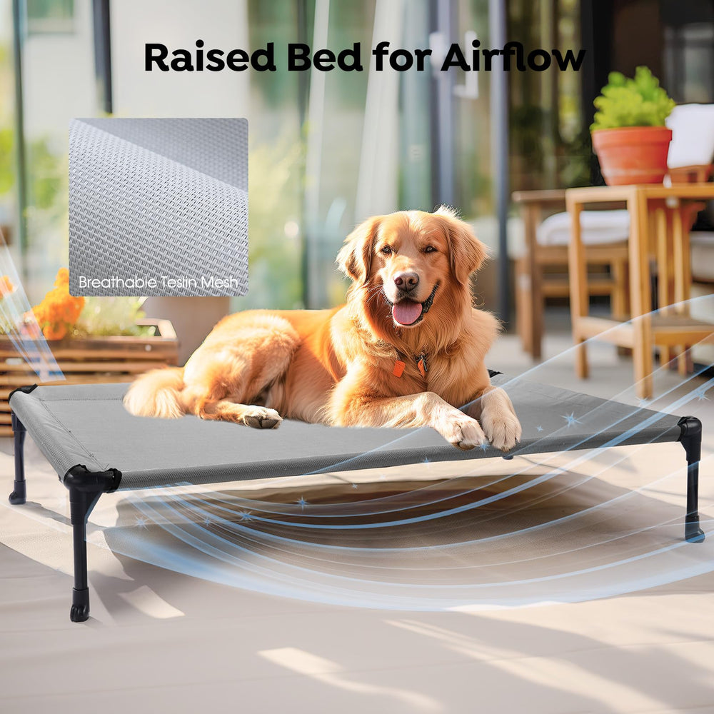 Veehoo raised dog bed durable frame features powder-coated steel for long-lasting support.