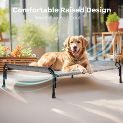 Veehoo XXL Outdoor Elevated Dog Bed slope-headrest offers neck support during naps.