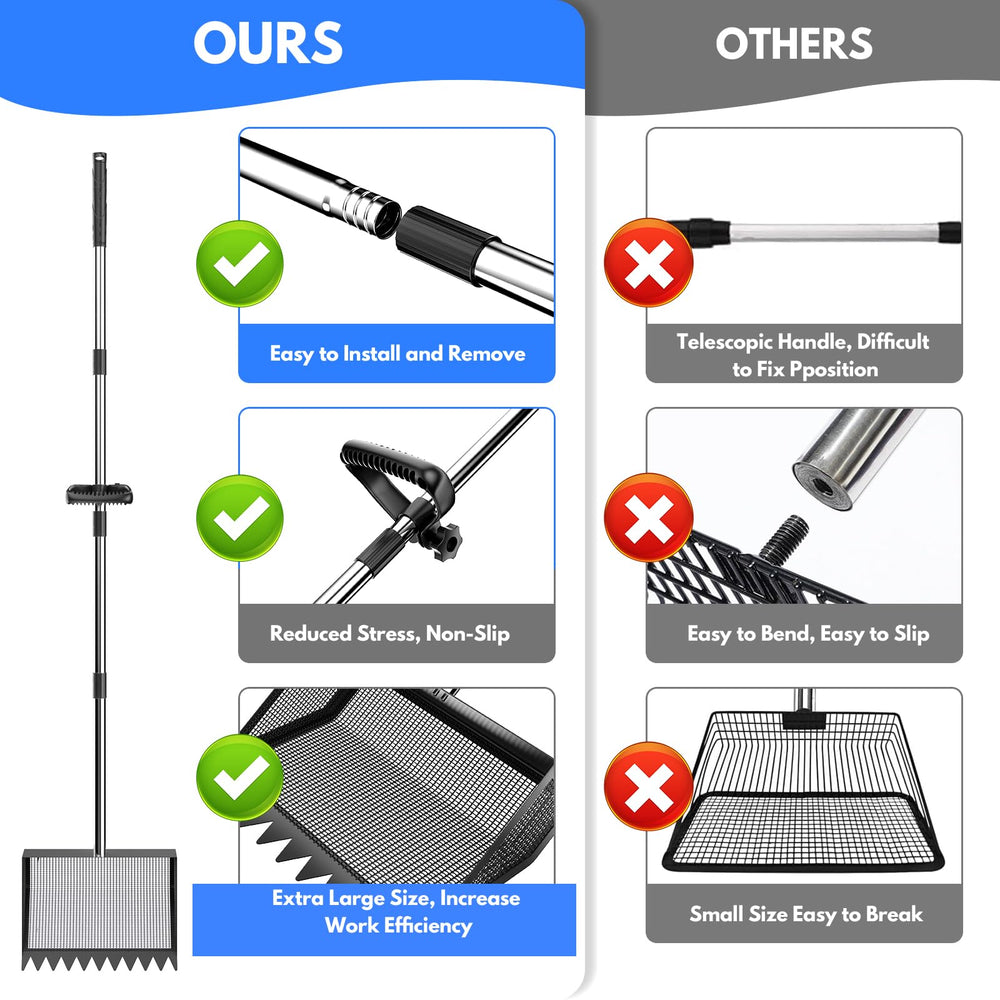 VEEMI metal teeth rake speeds up manure removal and waste sifting.