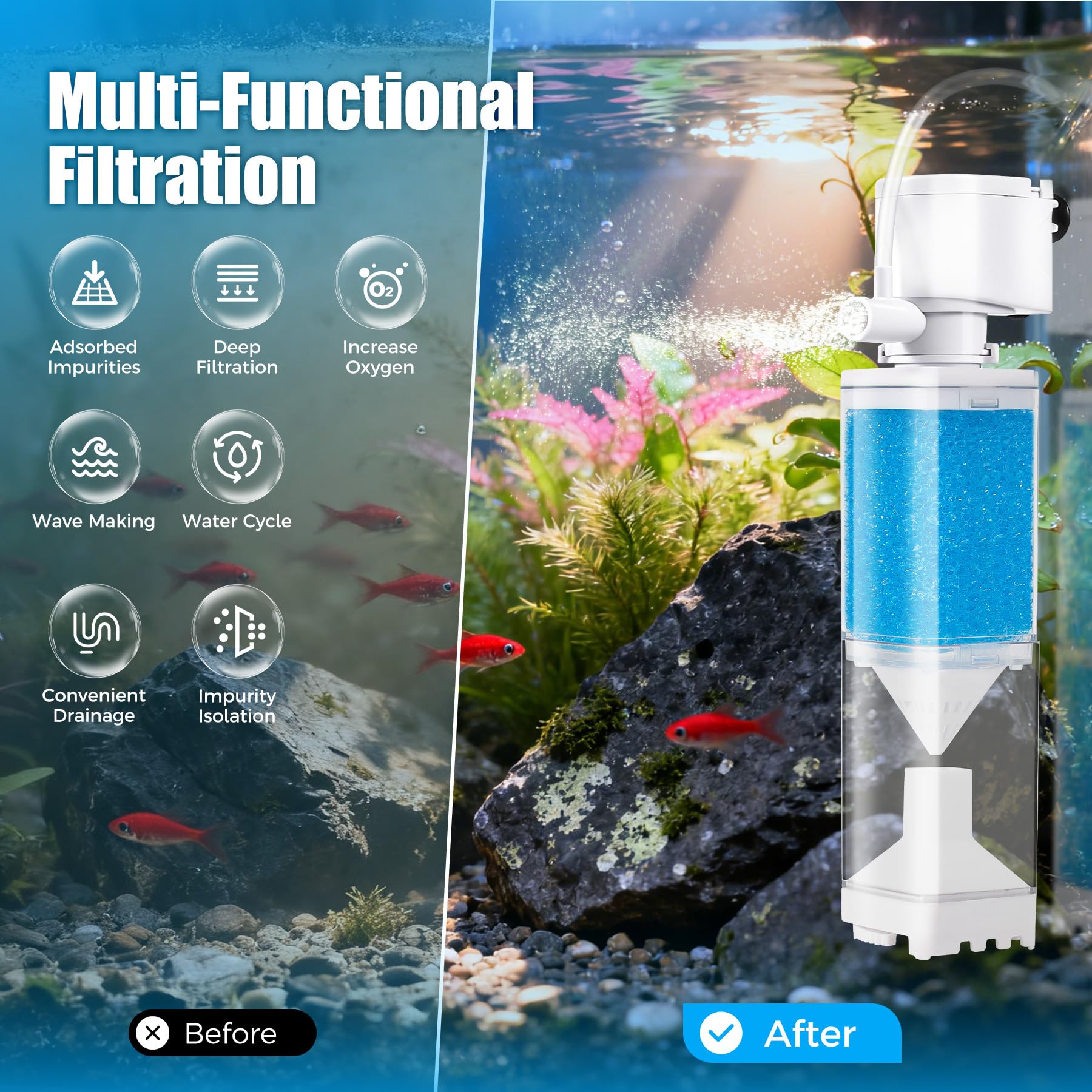 Vehipa Aquarium Filter Compact Design shows space-saving filter ideal for small tanks.