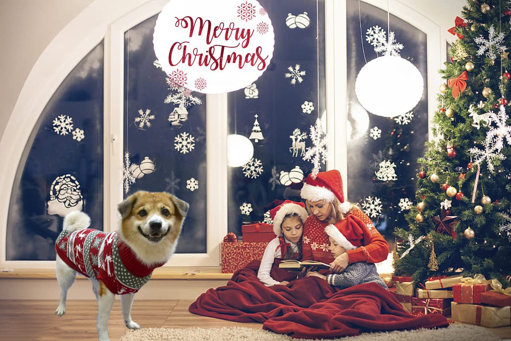 Vehomy dog Christmas sweater care image demonstrates machine washable care.