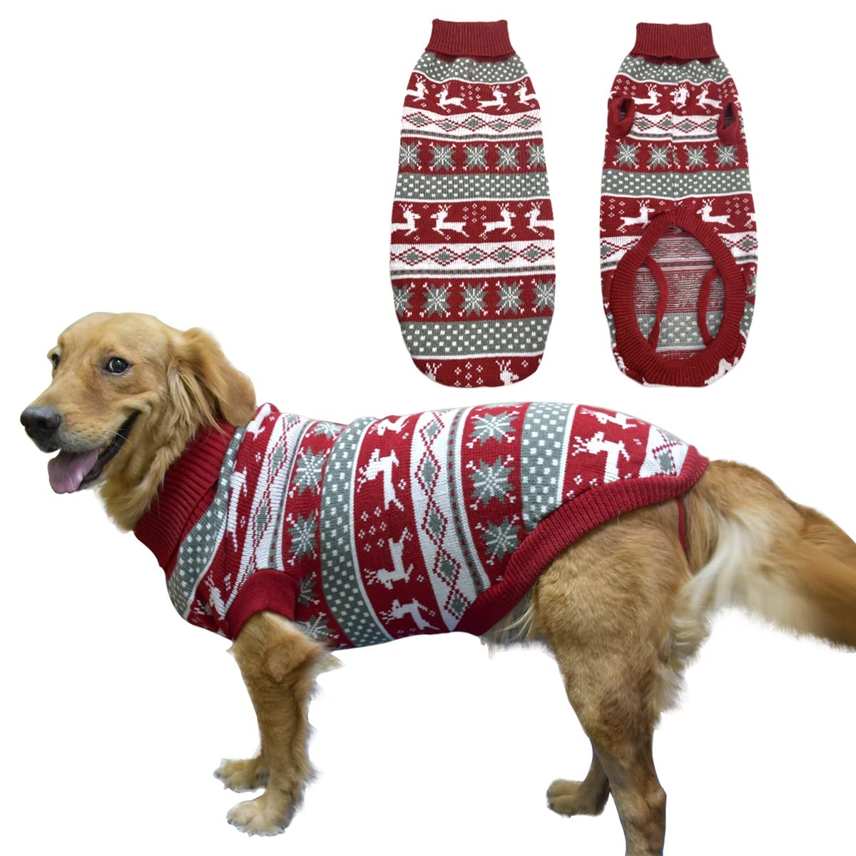Vehomy dog Christmas sweater front view shows festive knitwear and cozy warmth.