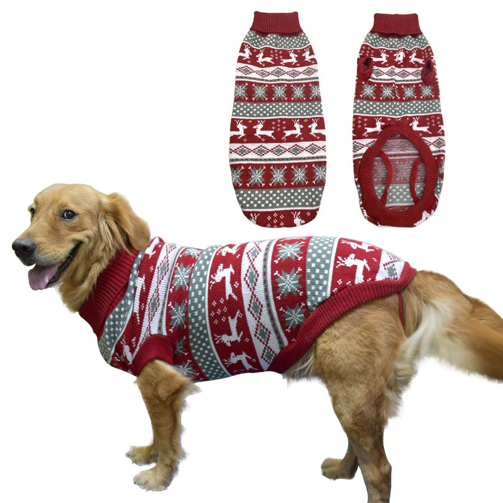 Vehomy dog Christmas sweater front view shows festive knitwear and cozy warmth.