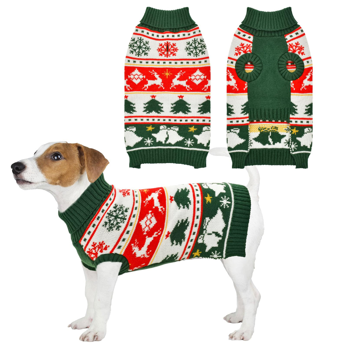 Vehomy dog Christmas sweater front view highlights easy pullover design for quick dressing.