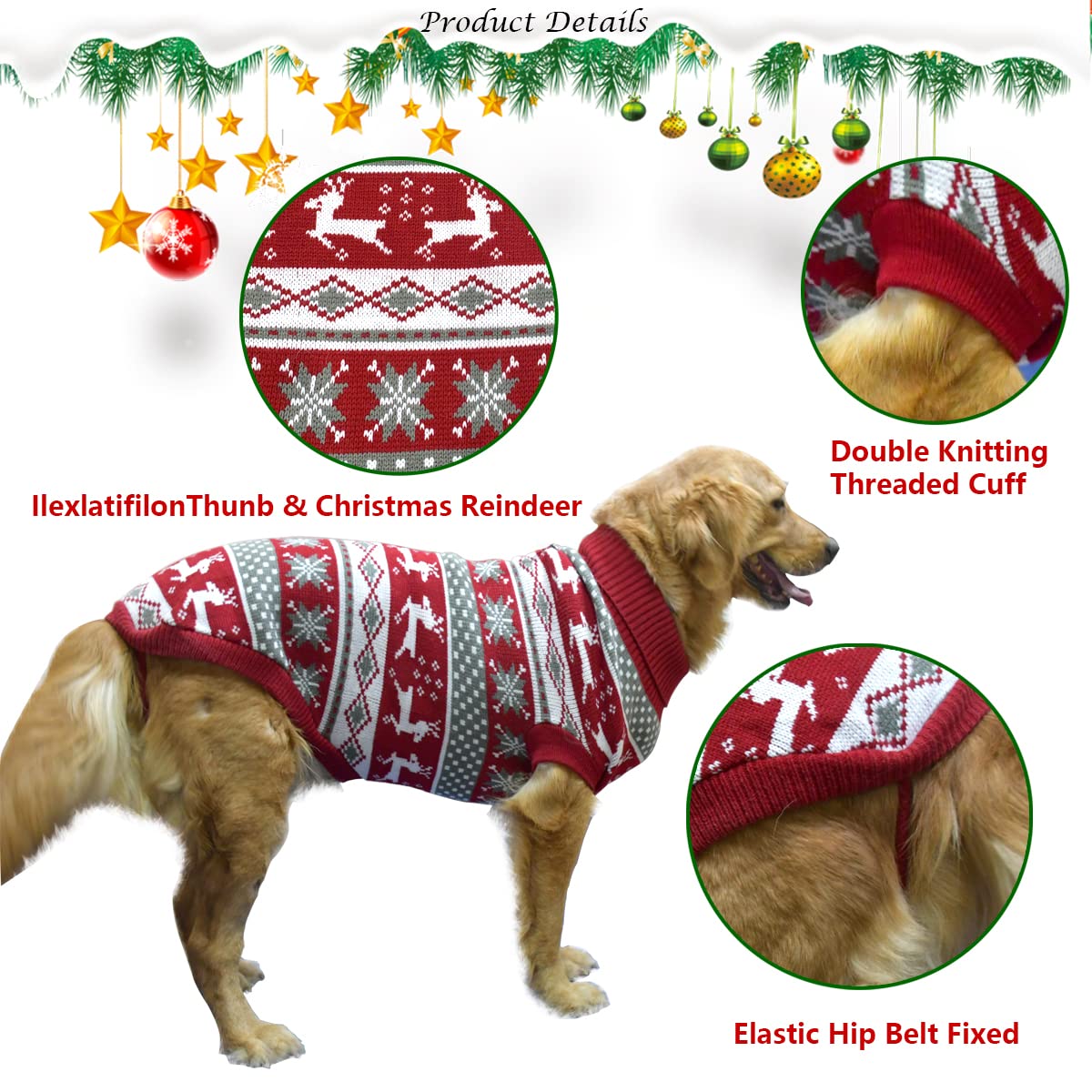Vehomy dog Christmas sweater leash hole detail enables safe leash attachment during walks.