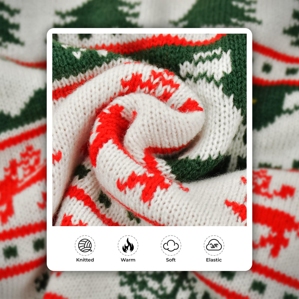Vehomy dog Christmas sweater pattern detail shows trees, bells, and snowflakes for festive photos.
