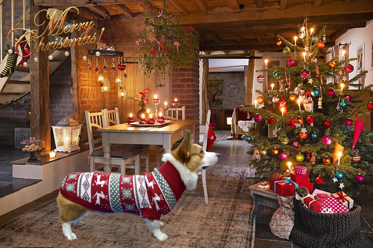 Vehomy dog Christmas sweater size chart image helps pick correct fit.