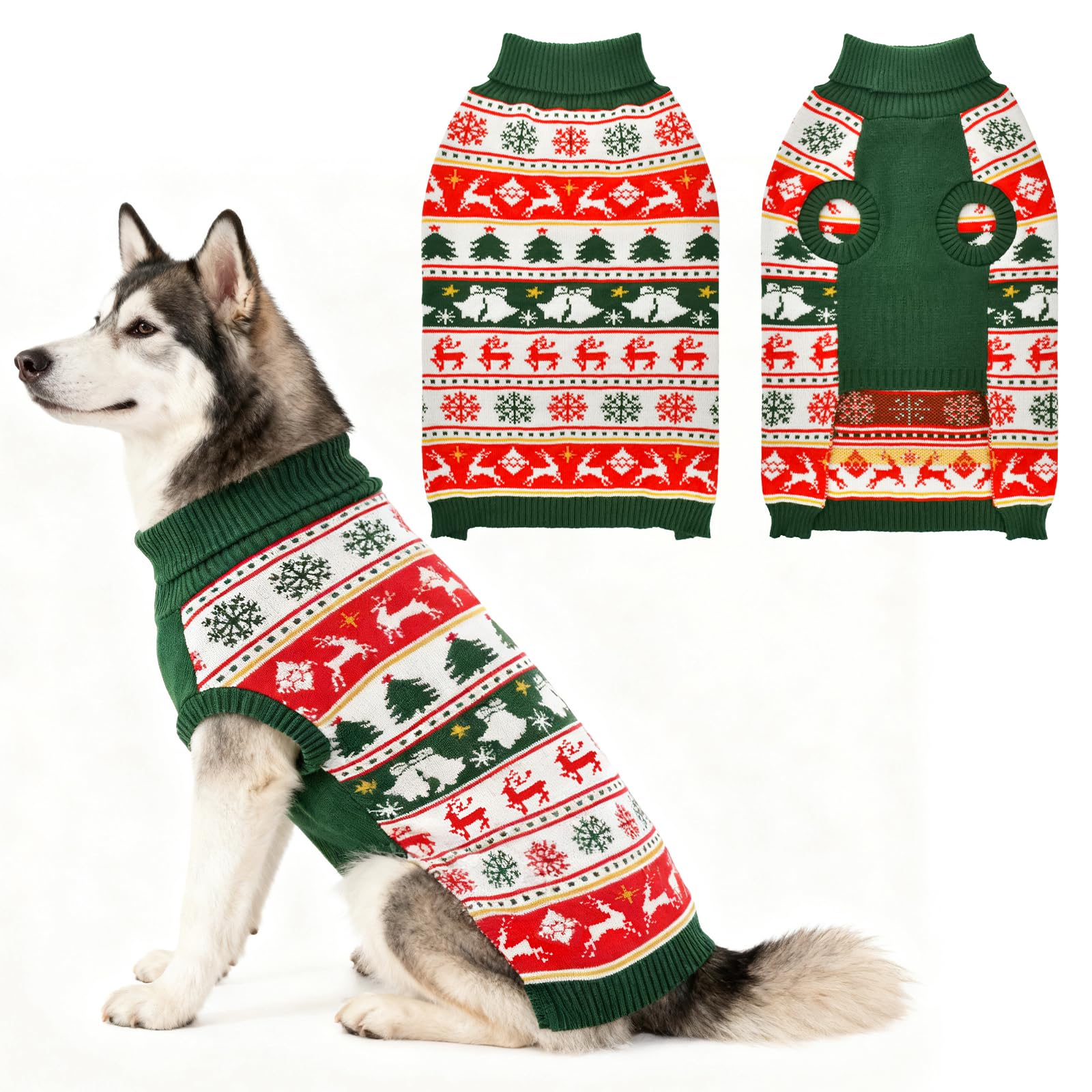Vehomy dog Christmas sweater XXL laid flat showing size-ready warmth for winter walks.