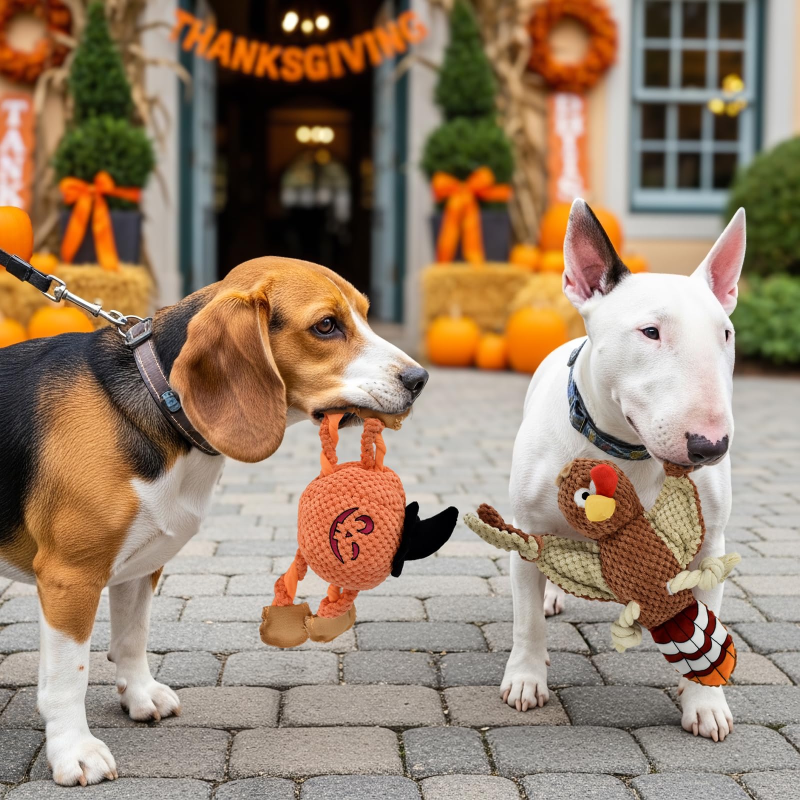 Vehomy plush dog toy with embroidered features and squeaker for lively play.