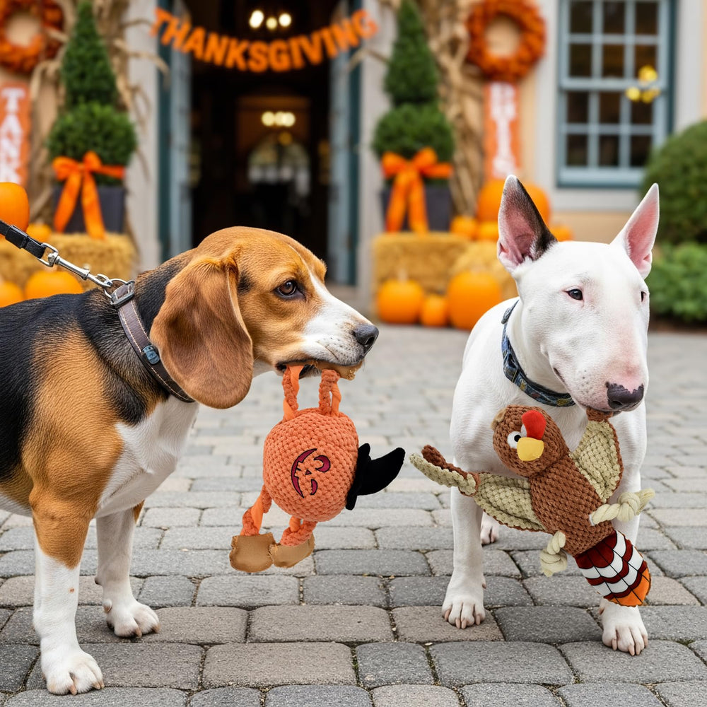 Vehomy plush dog toy with embroidered features and squeaker for lively play.