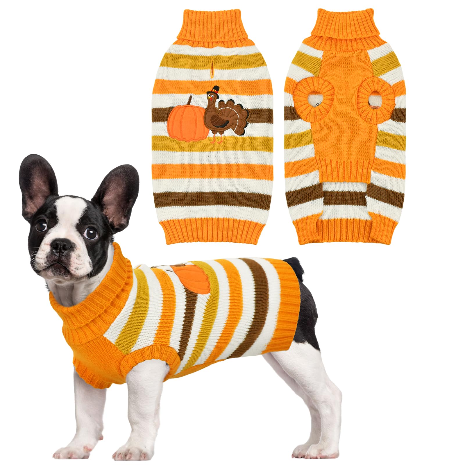 Vehomy Thanksgiving dog sweater front view with festive pumpkin and turkey patch for photo moments