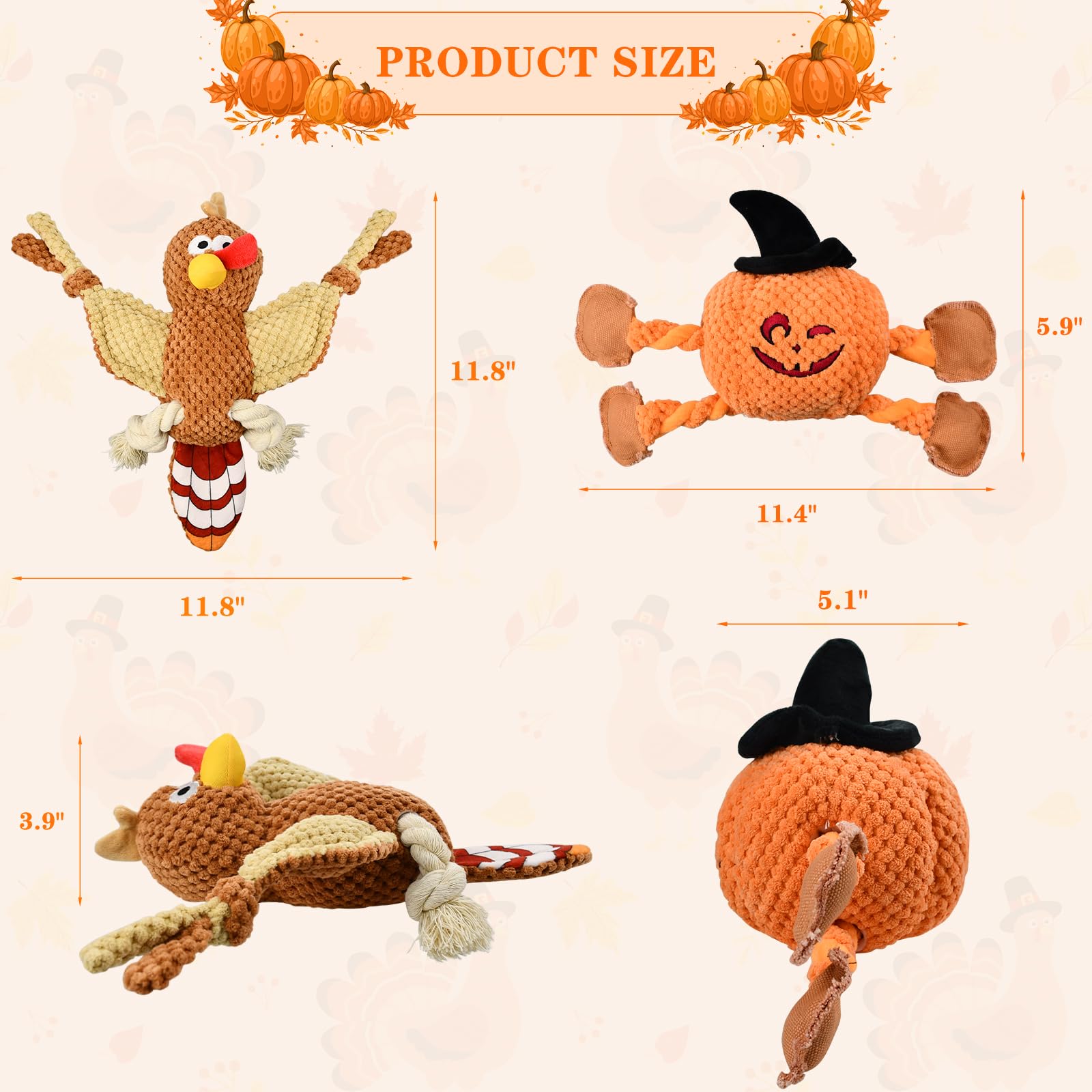Vehomy Thanksgiving turkey dog toy designed for tug and squeak engagement.