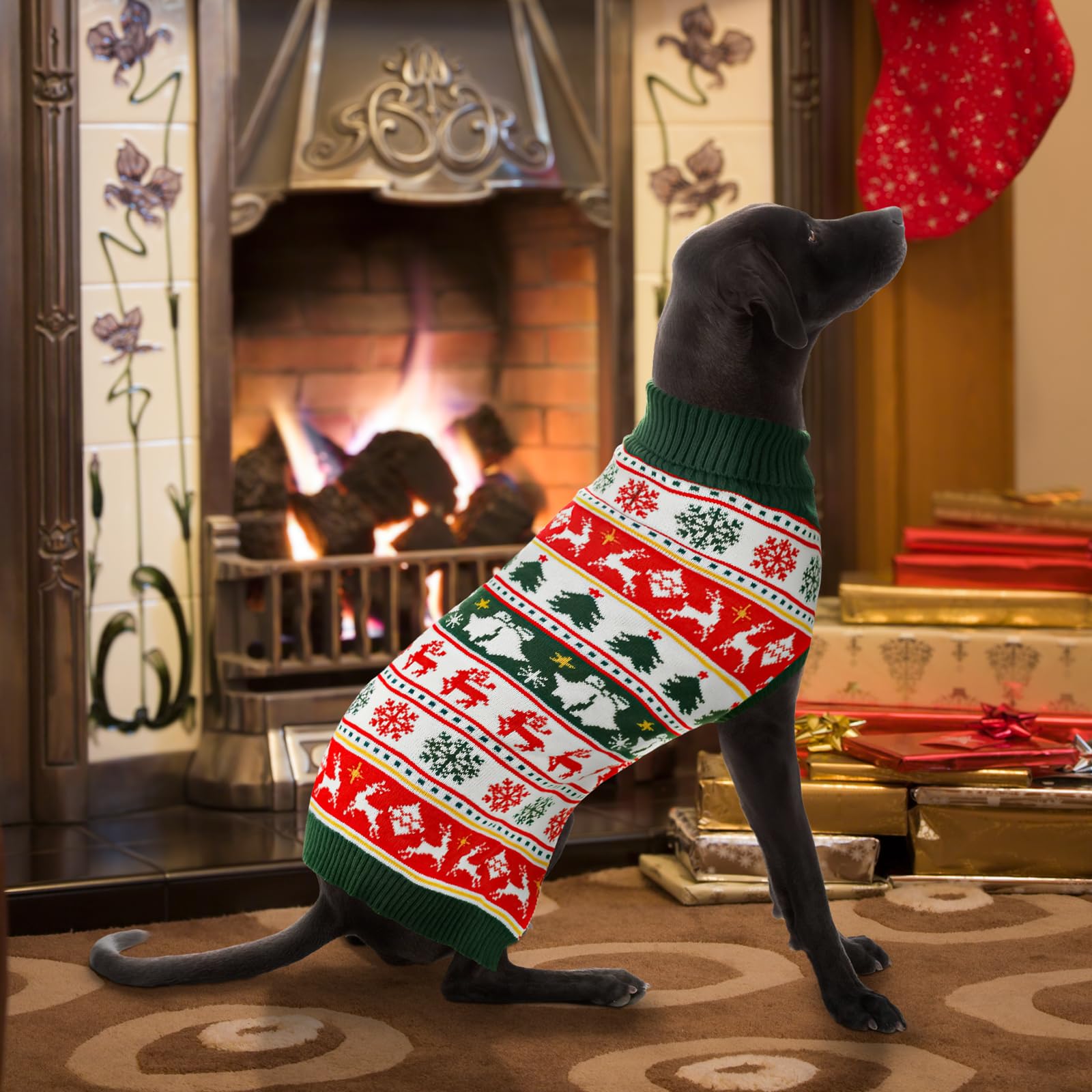 Vehomy turtleneck dog sweater with ribbed cuffs provides wind protection and warmth.