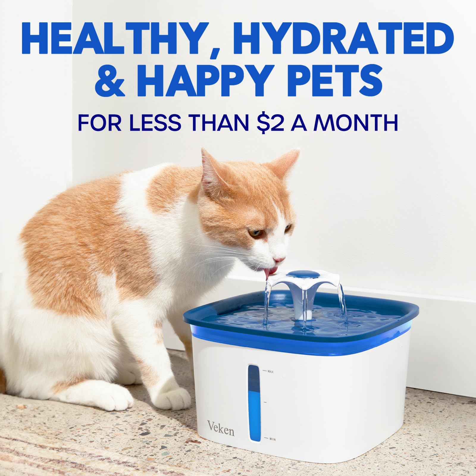 Veken 50oz fountain compatibility image shows a snug fit for mid-size fountains.
