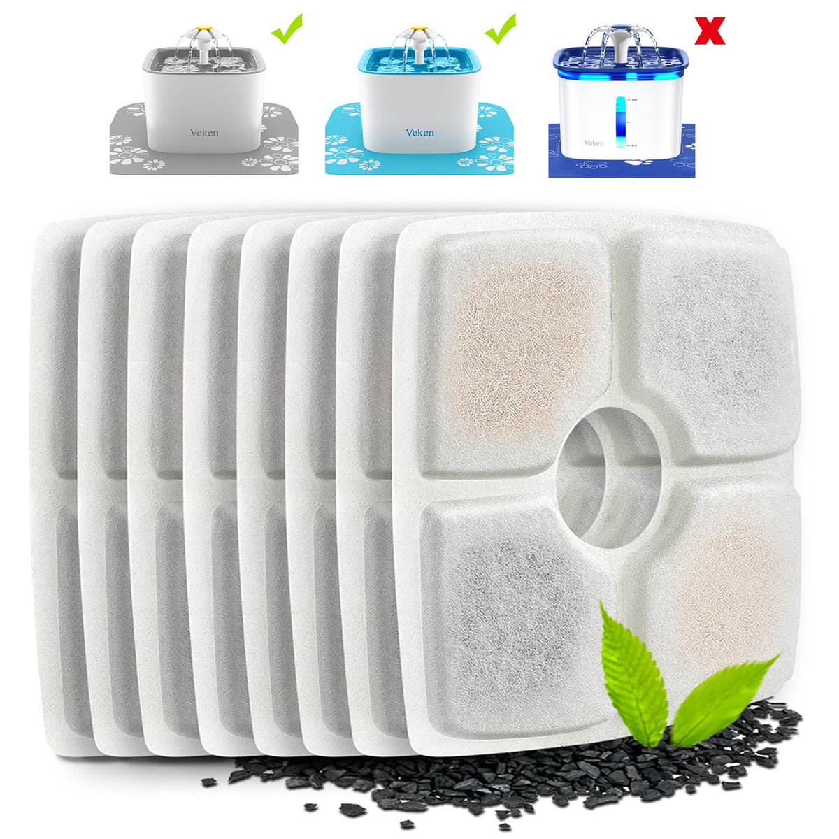 Veken 8-pack filters for 84oz fountain improve water taste and filtration.