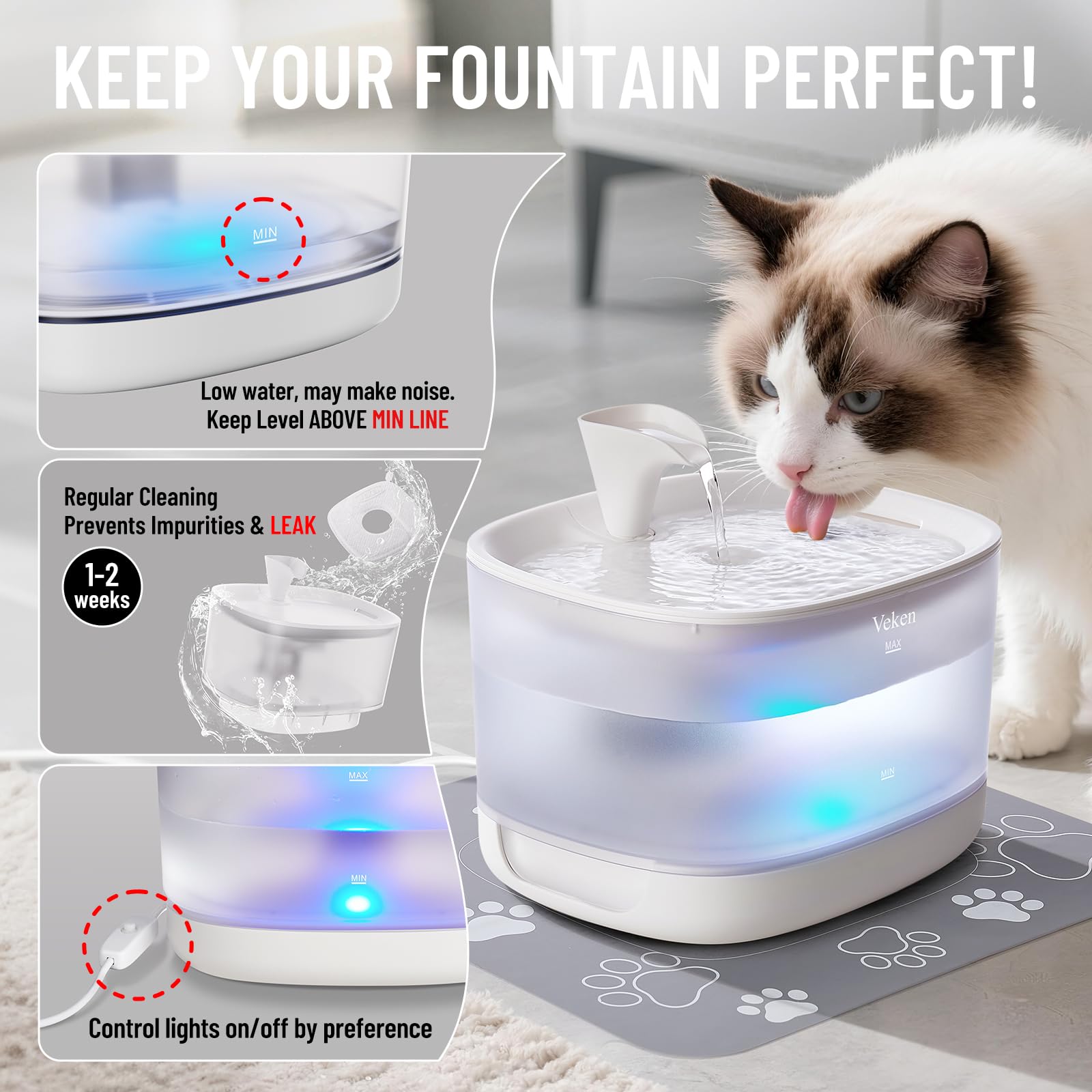 Veken cleaning brush included to simplify routine fountain maintenance.