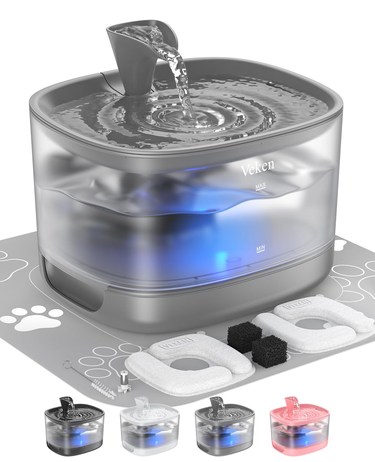 Veken cat water fountain with detachable tank for easy cleaning and refilling.